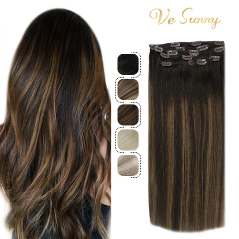 VeSunny Clip in Hair Extensions Human Hair Double Weft 7pcs Clip on Hair Extensions Machine made Remy Hair #2/2/6 120gr ► Photo 1/6