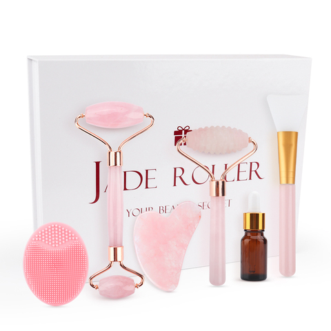 Rose Quartz Jade Roller Gua Sha Scraper Set Facial Massage Roller Face Slimming Wrinkle Removal Skin Care Tools with Gift Box ► Photo 1/6