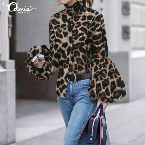 Celmia Tunic Top Women Leopard Print Blouse 2022 Autumn Lantern Sleeve High Collar Casual Elegant Office Work Shirt Femme Blusas ► Photo 1/6