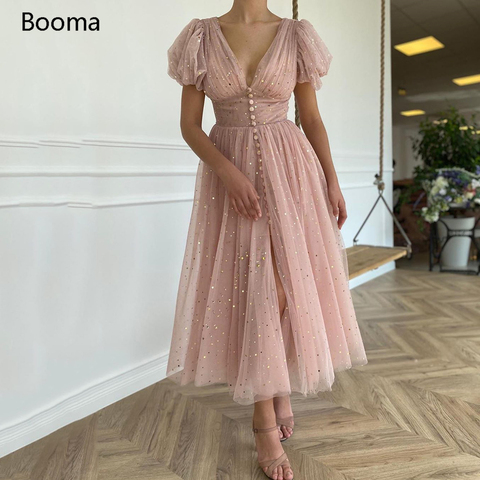 Glitter Blush Short Prom Dresses V-Neck Puff Sleeves Pleated Tulle Evening Dresses Buttons Tea-Length A-Line Party Gowns ► Photo 1/6