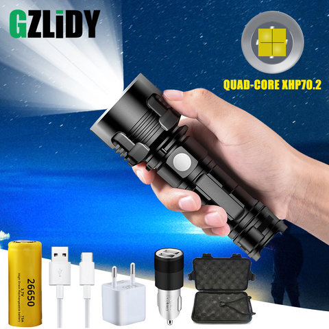 Ultra Bright LED Flashlight Quad Core XHP70.2 Waterproof Tactical Torch 3 Lighting Modes USB Rechargeable Camping Hunting Lights ► Photo 1/6