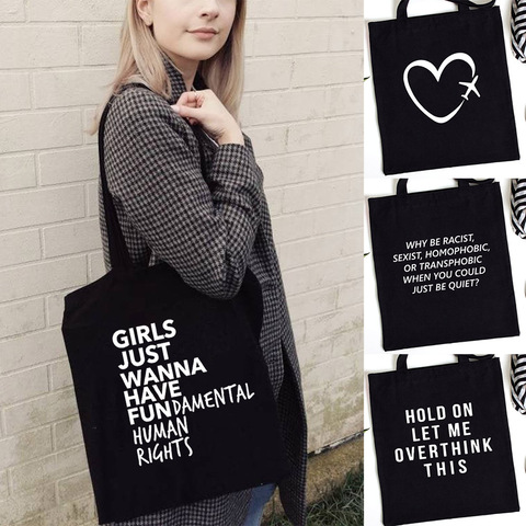 Letter Printing Harajuku Shopping Black Bags Canvas Tote Bag Fashion Women Vintage Reusable Cloth Bag Handbag Girl Shoulder Bags ► Photo 1/6