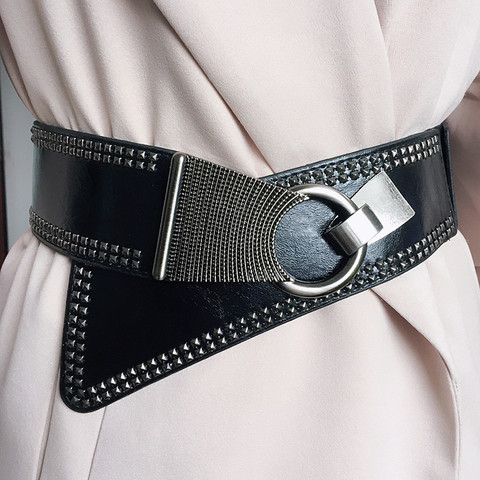 2022 Punk Style Rivets Beading Round Buckle Women Belt Female Pu Leather Super Wide 9CM Belts Ceinture Femme Leisure Cummerbunds ► Photo 1/6