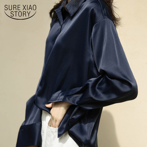 Autumn Fashion Button Up Satin Silk Shirt Vintage Blouse Women White and Blue Lady Long Sleeves Female Loose Street Shirts 11355 ► Photo 1/6