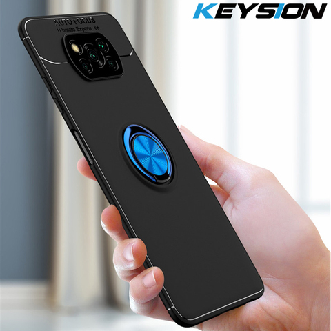 KEYSION Shockproof Case For Xiaomi POCO X3 NFC Soft Silicone Magnetic Metal Ring Stand Phone back cover for Pocophone X3 NFC ► Photo 1/6