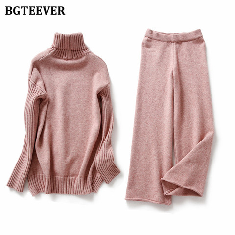 BGTEEVER Autumn Winter Thicken Knitted 2 Pieces Set Women Turtleneck Pullover Sweater & Wide Leg Pants 2022 Sweater Set Female ► Photo 1/6