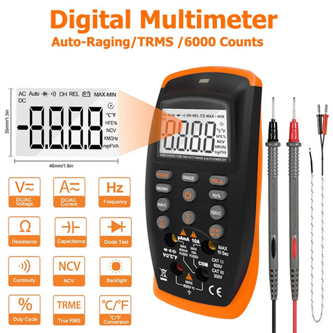 Digital Multimeter TRMS 6000 Counts Voltmeter Ammeter Ohmmeter for AC DC Volt &Current, Ohm,Capacitance,Temp,Hz and Diode Tester ► Photo 1/6