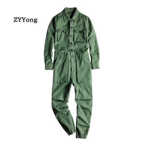 Men's Jumpsuit Long Sleeve Lapel Beam Feet Cotton Overalls Hip Hop Streetwear Loose Cargo Pants Green Black Freight Trousers ► Photo 1/6