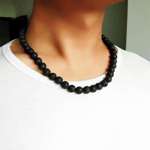 Men Necklace 6mm 8mm Black Volcanic Lava Stone Choker Rock Beads Chains Necklace Men Jewelry Handmade collier Dropshipping ► Photo 1/1
