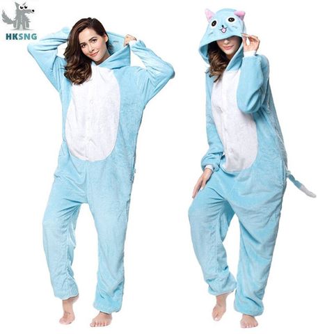 HKSNG Winter Adult Cartoon Animal Kigurumi Happy Cat Onesies Blue pajamas Flannel Halloween Cosplay Costume Jumpsuit ► Photo 1/5