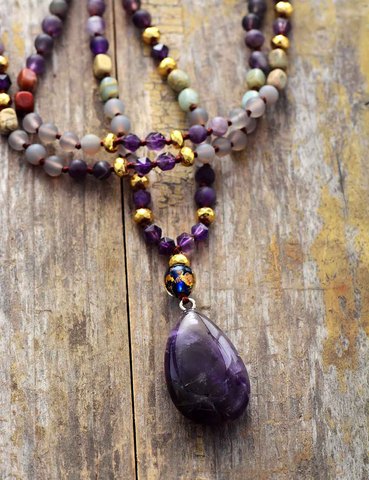 New Quality Frosted Natural Stones Teardrop Pendant Necklace Women Amethysts  Ethnic Beaded Lariat Necklace  Jewelry Wholesale ► Photo 1/5