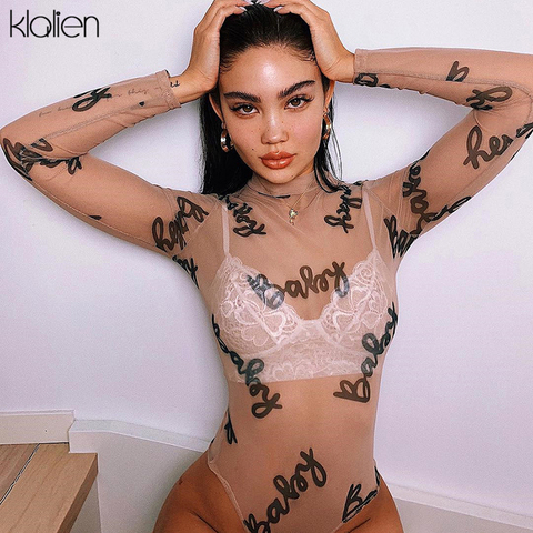 KLALIEN 2022 Summer Sexy Letter Print Transparent Mesh Bodysuits Long Sleeve See Through Baby Bodycon Rompers Women Jumpsuits ► Photo 1/5