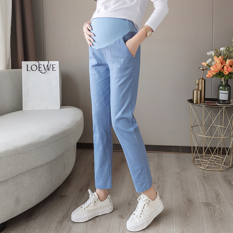 1809# Spring Thin Cotton Linen Maternity Pants Casual Belly Pants Clothes for Pregnant Women 9/10 Length Pregnancy Trousers ► Photo 1/5