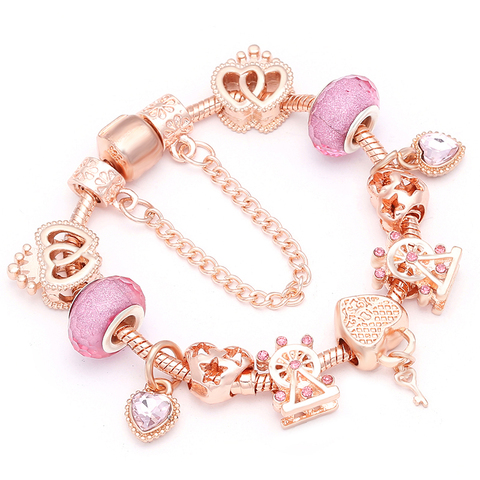 BAOPON New Heart & Key Pendant Rose Gold Color Fine Bracelets & Bangles Ferris Wheel Beads Charm Bracelet For Women Jewelry Gift ► Photo 1/6