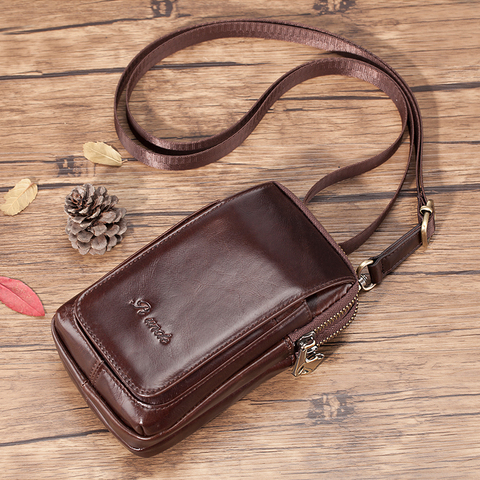 Cowhide Men's Single Shoulder Bag Casual Belt Bag Vintage Leather Mobile Phone Packet Genuine Leather Belt Pack Small Square Bag ► Photo 1/6