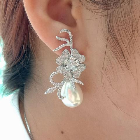 Teardrop White Sea Shell Pearl Cubic Zirconia micro pave Pave Flower Stud Earrings  for women/girls,high quality ► Photo 1/6