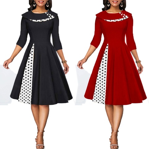 MISSJOY 2022 Plus size 3XL Women Vintage Retro long sleeves 1950s Cocktail Ploka Dot Printed Button Patchwork midi Party dress ► Photo 1/6