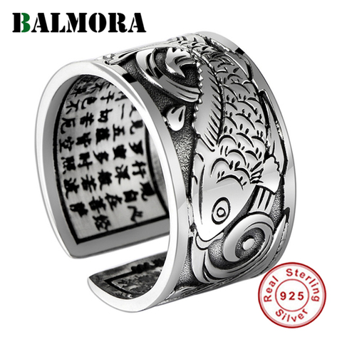 BALMORA Real 999 Silver Vintage Koi Open Stacking Finger Rings for Men Women Couple Special Gift Buddhism Sutra Fashion Jewelry ► Photo 1/6