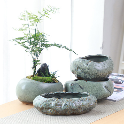Retro ceramic small flower pot creative desktop home succulent green plant Wenzhu potted utensils Chinese garden handmade ► Photo 1/5
