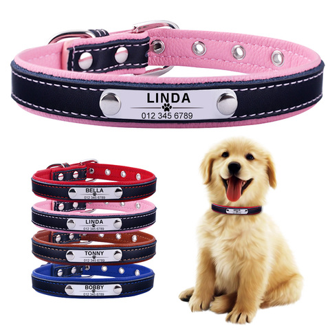 Leather Dog Collar Personalized Custom Engraved Name Plate Puppy Pet Dogs XS/S/M/L Dog Tag ► Photo 1/6