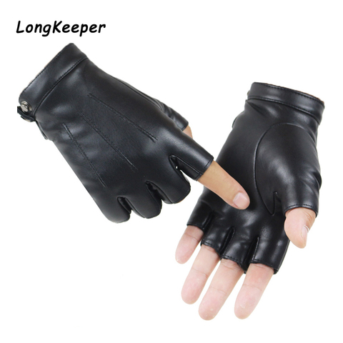 2022 Women Black PU Leather Fingerless Gloves Solid Female Button Warm Half Finger Driving Men motor Punk Gloves Thick Guantes ► Photo 1/6
