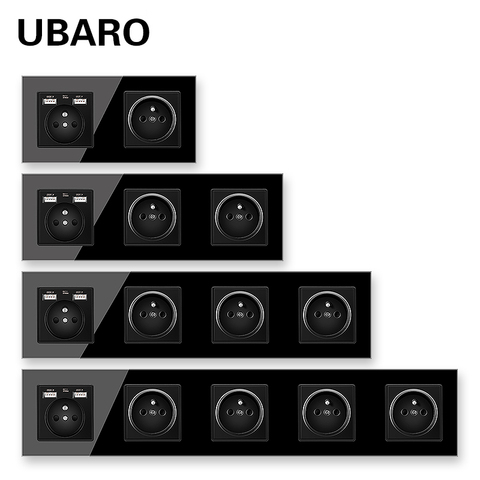 UBARO French Standard Black Crystal Glass Wall Panel Socket Prise  Enchufe Plug Sockets With USB 5V 2100mA AC100-250V16A Outlet ► Photo 1/6