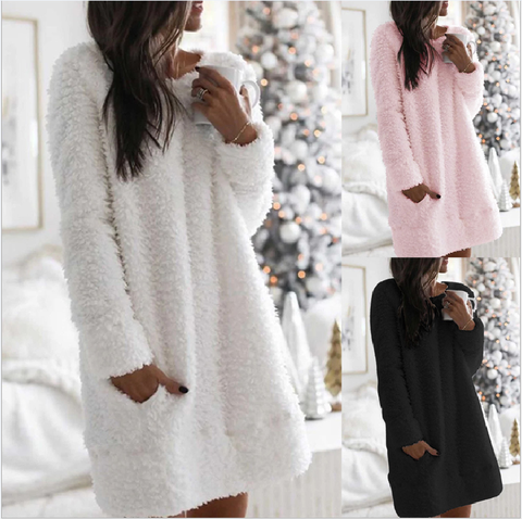 Round Neck Simple Fashion New Casual Straight Plush Women Dress 2022 Autumn and Winter Comfortable Plush Warm Dresses Vestidos ► Photo 1/6