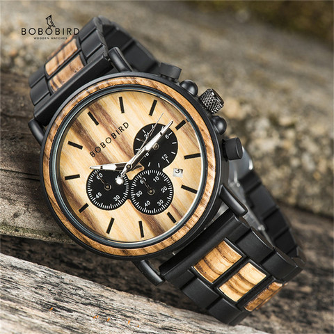 BOBOBIRD Luxury Business Watch Men Wooden Stopwatch Date Display Chronograph Wrist watches relogio masculino Ship From USA ► Photo 1/6