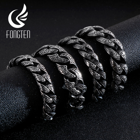 Fongten Hip Pop Mens Cuban Link Chain Bracelet Punk Stainless Steel Vintage Black Man Wristband Bracelets Bangle Fashion Jewelry ► Photo 1/6