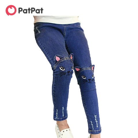 PatPat 2022 Hot Sale Spring and Autumn Casual Kids Cute Cat Design Kids Jeans Trousers For Girls Children Clothes Cotton Pants ► Photo 1/5