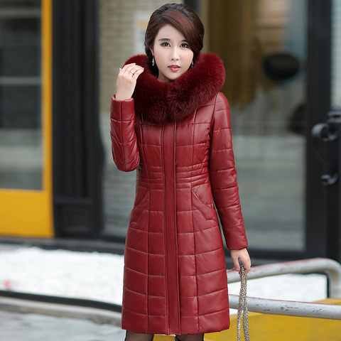 Plus Size Women Long Leather Overcoat Winter 2022 Mother Sheepskin Coat Thicken Warm Fur Hooded Jacket Outerwear Female ► Photo 1/6