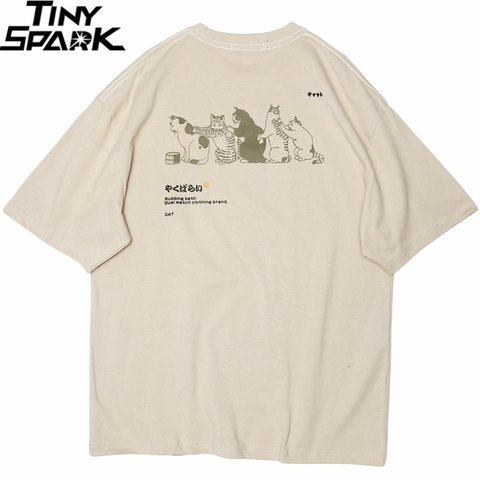 2022 Men Hip Hop T Shirt Streetwear Japanese Kanji Harajuku Funny Cat T-Shirt Summer Short Sleeve Tops Tees Cotton Print Tshirts ► Photo 1/6