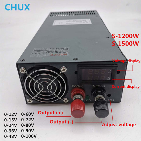 CHUX Switching Power Supply 1500W 0-12v 15v 24v 27v 36v 48v 60v 72v 80v 90v 100v SMPS with display adjustable power supply ► Photo 1/5