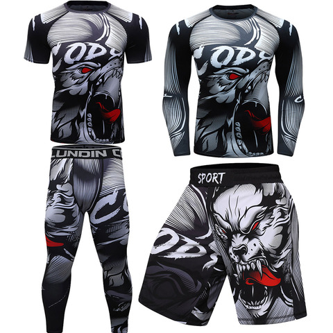 Men Compression running T-Shirt+Pants MMA Work Out Rashguard T Shirt Exercise Fitness Tights Cross fit Rash Guard bjj Jersey ► Photo 1/6