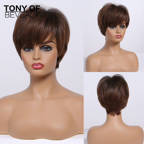 Short Straight Wigs Ombre Brown Synthetic Hair Wigs with Bangs for Black Women Daily Cosplay Heat Resistant Natural Hair Wigs ► Photo 1/6