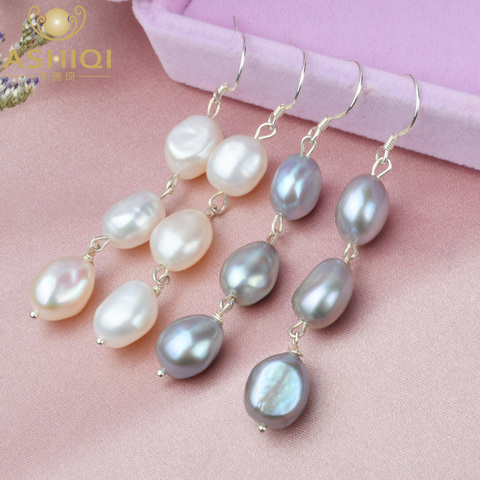 ASHIQI Natural Baroque Pearl Long Earrings For Women Gray freshwater pearl Handmade 925 Sterling Silver drop earrings Party Gift ► Photo 1/6
