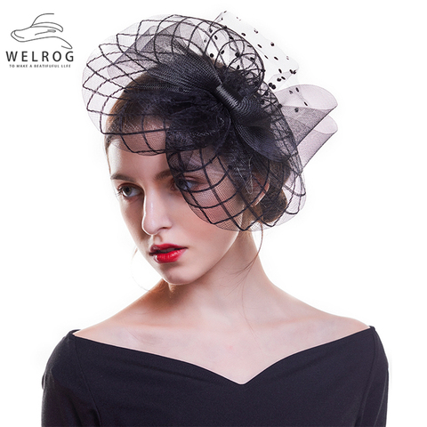WELROG Mesh Topper Big Bow Fascinators Solid Black Hat Headband Hair Clip For Women Cocktail Tea Party Hat Wild Hair Accessory ► Photo 1/6