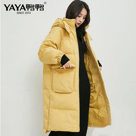 YAYA New Style Long Over-The-Knee Down Jacket Women Thick Casual Loose Down Coat Hooded Warm Outerwear With Large Pockets ► Photo 1/6