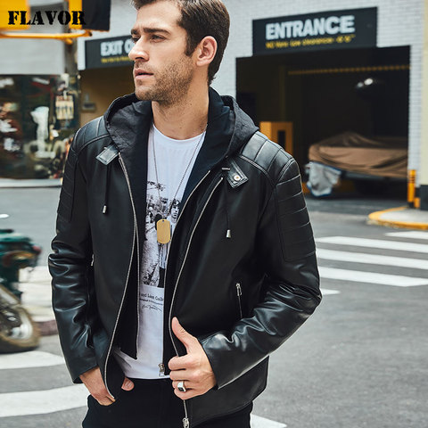 FLAVOR New Men's Leather Motorcycle Jacket Black Real Leather Jacket With Removable Hood ► Photo 1/6