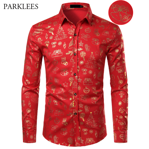 Red Mens Christmas Shirt Casual Slim Fit Xmas Gift Print Mens Dress Shirts Long Sleeve Button Down Chemise Homme Top Blouses XL ► Photo 1/6
