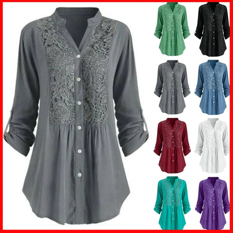 Lace Splicing Button Women Solid Color Spring Autumn Casual Stand Collar Long Sleeve Shirt Female Plus Size Loose Blusa Feminina ► Photo 1/6