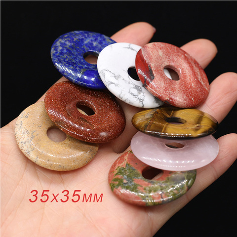 Natural Stone Lapis lazuli Pendant Big Hole Flat Round Amethysts Crystal for Jewelry Making Necklace Pendant for Women 35x35mm ► Photo 1/6