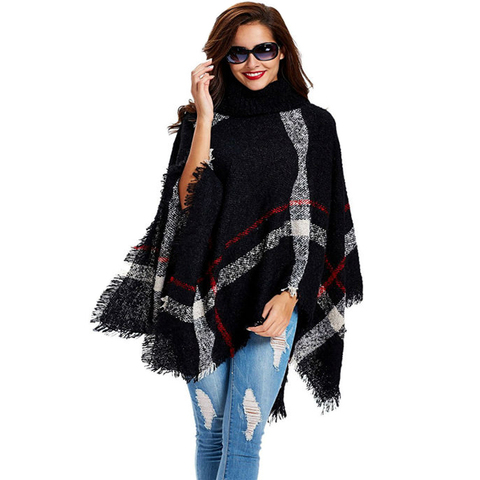 11th,Nov Plus Size Women's Wool Plaid Cardigan Turtleneck Cape Batwing Sleeve Knit Poncho Sweater ► Photo 1/6