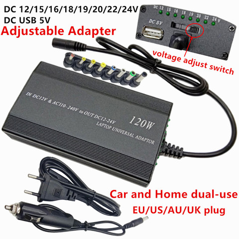 Adjustable 120W 220v 110v to 12V 15V 16V 18V 19V 20V 22V 24V Car Charger Universal AC DC Power Adapter Supply Usb Notebook ► Photo 1/6