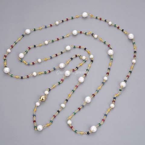 GuaiGuai Jewelry Natural Pearl Multi Color Faceted Jade  White keshi Baroque Pearl Long Necklace ► Photo 1/6