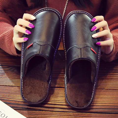 Genuine Leather Couple's Winter Indoor Slippers Cow Leather Anti-Slip Men&Women Home Shoes Fashion Casual Shoes TPR Soles 7color ► Photo 1/6