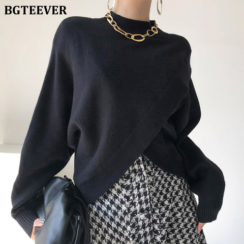 BGTEEVER Stylish Criss-Cross Knitted Jumpers 2022 Autumn Winter New Half Turtlenck Loose Female Knitting Tops Pullover Sweaters ► Photo 1/6
