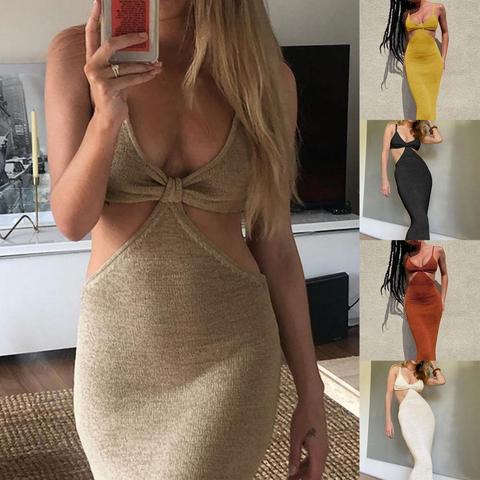 2022 New Sexy Women Dress Solid Color Cutout Spaghetti Straps Backless Cotton Bodycon Maxi Dress for Banquet ► Photo 1/6