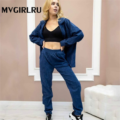 MVGIRLRU Women's corduroy Casual Suit Lapel Pocket Jacket + High-waist Elastic Trousers Two-piece Suit ► Photo 1/6