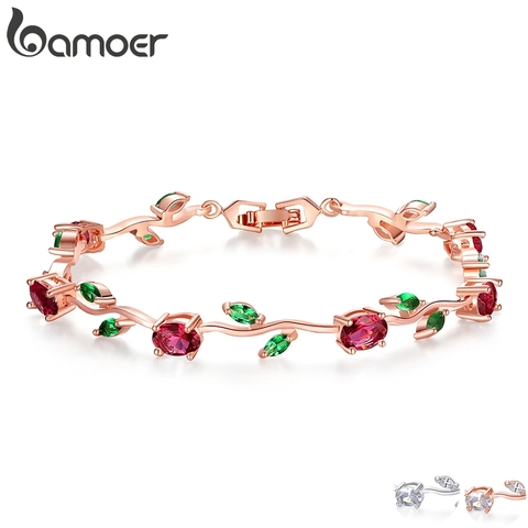 BAMOER  Rose Gold Color Leaf Chain & Link Bracelet with Red + Green AAA Zircon for Mother Gifts Jewelry JIB072 ► Photo 1/6